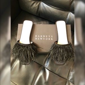 Barneys New York Feather Satin Slides 6